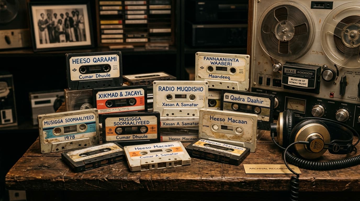 Vintage Somali Qaraami cassette tapes and reel-to-reel master recording equipment from the golden era